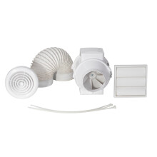 Airflow? Aventa 100mm In-Line Extractor Fan with Adjustable Timer Kit ? Includes 6m Flex Duct, Ties, Chrome & White Grilles, External Grille ? Quiet,