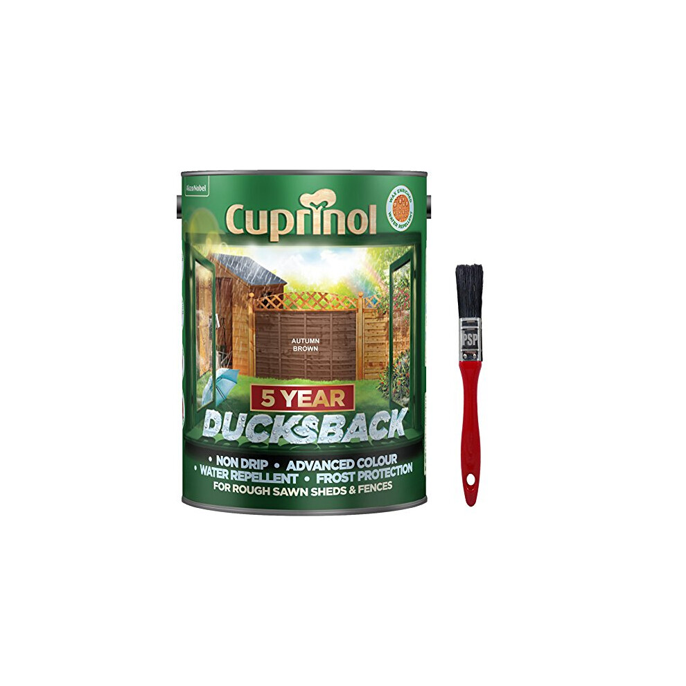 New 2018 Cuprinol Ducksback Shed & Fence Paint 5 Litre Autumn Brown. Non Drip, Water Repellent and Frost Defence. Protection for 5 Years. Includes PSP