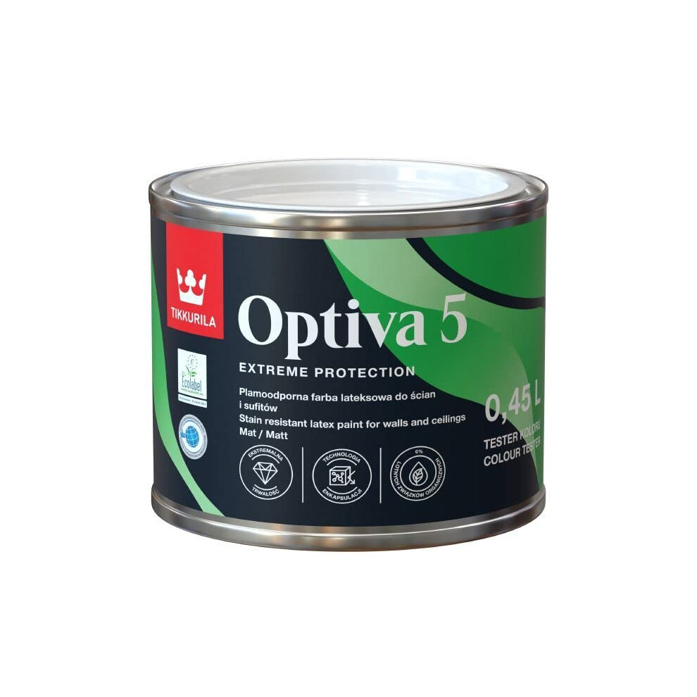 Tikkurila Optiva 5 - Durable Matt Paint For Walls & Ceilings - Zero Voc, Scrubbable, Easy To Clean - 0.5 Litres 6408070049839