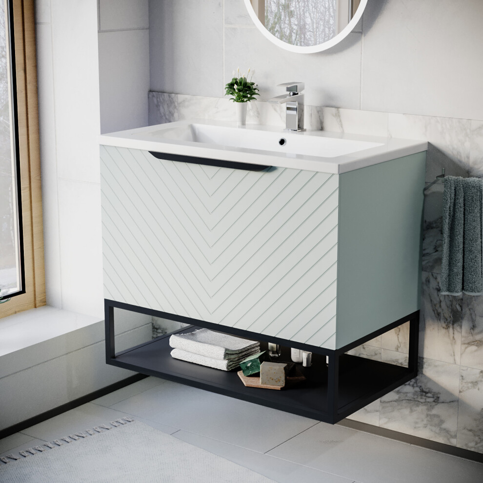 Nes Home 800Mm Wall Hung Green Drawers Basin Vanity Black Frame & Handle Green,Black