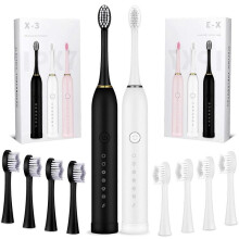 2 Pcs 6 Modes Electric Toothbrushes Rechargeable Electric Toothbrush with 2 Minutes Timer, 8 Pcs Replacement Brushheads(Black and White)