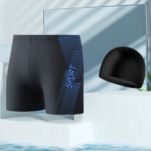(2XL-Bleu + bonnet de bain) Nouveau maillot de bain conservateur taille haute pour hommes, pantalon