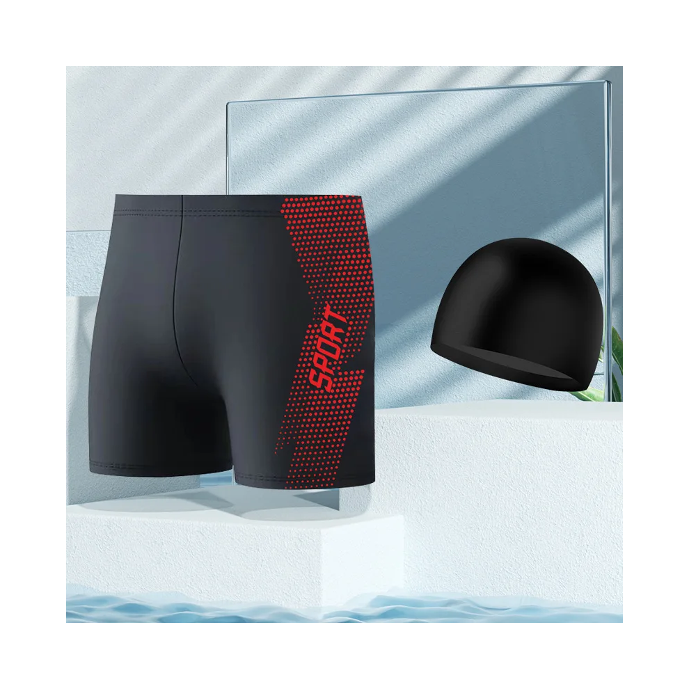 (XL-Rouge + bonnet de bain) Nouveau maillot de bain conservateur taille haute pour hommes, pantalon