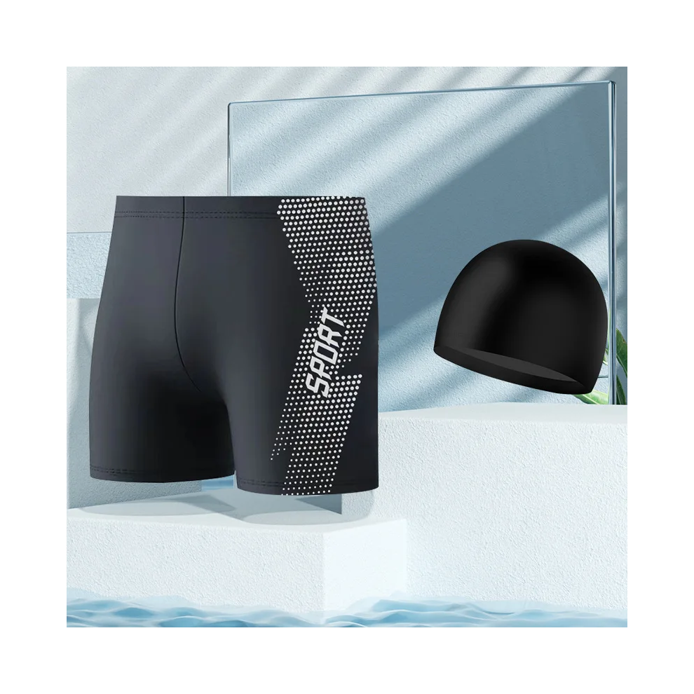(3XL-Blanc + bonnet de bain) Nouveau maillot de bain conservateur taille haute pour hommes, pantalon
