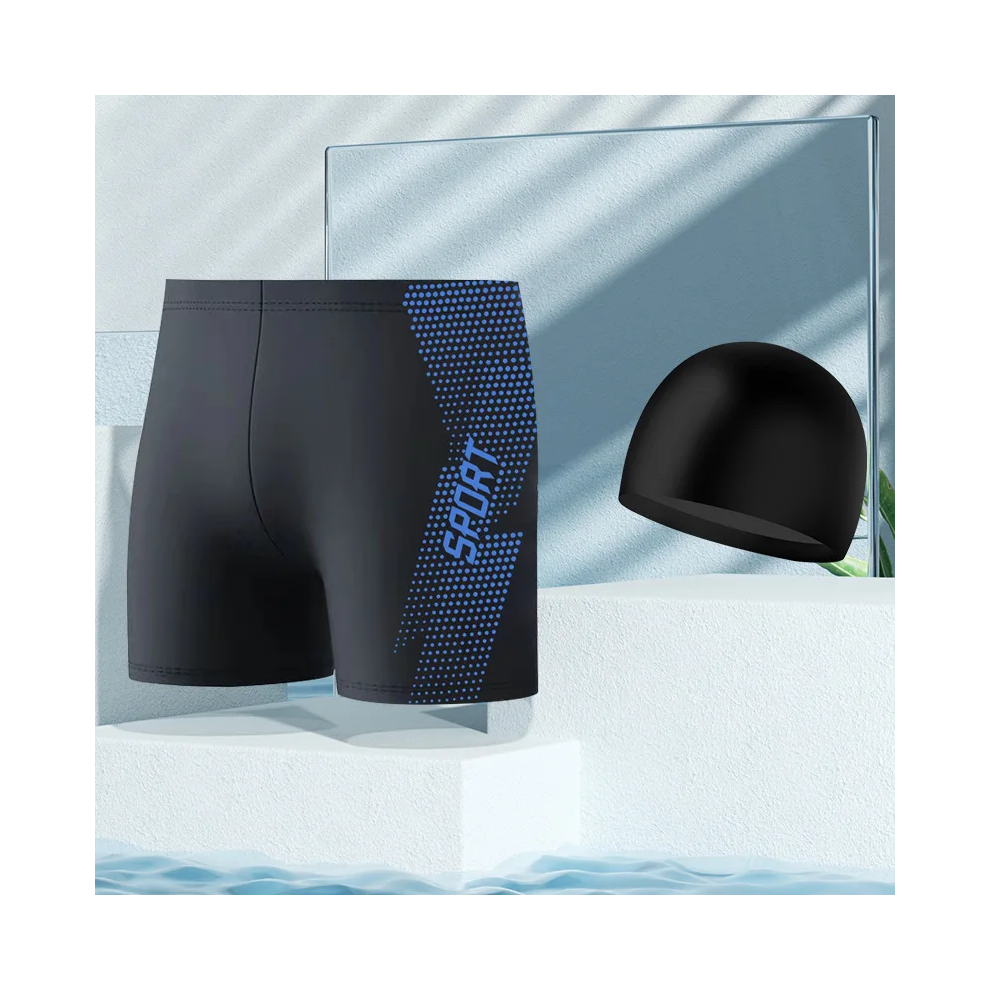 (4XL-Bleu + bonnet de bain) Nouveau maillot de bain conservateur taille haute pour hommes, pantalon