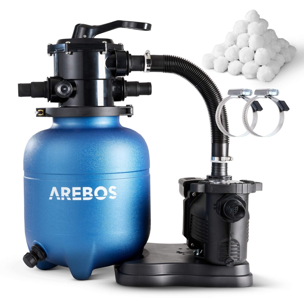 AREBOS sand filter system with pump | incl. 600g filter balls | 350W | 10000 L/h | 7-way valve with handle | with pressure gauge | pool filter | blue