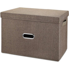 Linen Fabric Collapsible Storage Bins with Removable Lids and Handles, Washable Storage Box Containers Baskets Cube with Cover(Coffee, Medium)