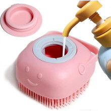 Dog Bath Brush, Pet Massage Brush Shampoo Dispenser, Soft Silicone Brush Rubber Bristles (Pink)