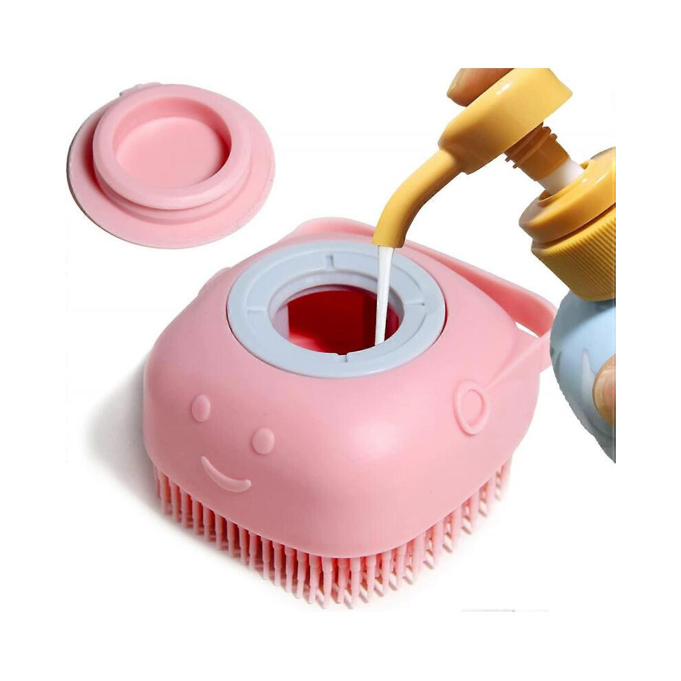 Pink Dog Bath And Massage Brush, Soft Silicone Shampoo Dispenser With Rubber Bristles (Pink)