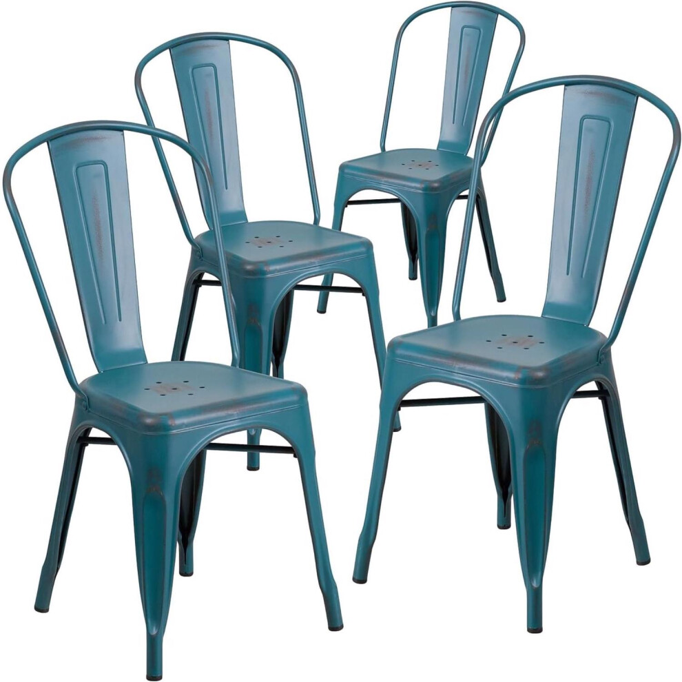 Set Of 4 Blue Chairs Galvanised Steel Ready Assembled Indoor & Outdoor