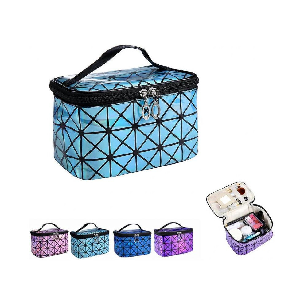 Blue Makeup Bag, Fashion Holographic Cosmetic Travel Bag Large Toiletry Bag Makeup Organizer For Women (Blue)