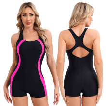 (Rosa shocking-L) Costume da bagno sportivo da donna, senza maniche, con gamba a gamba larga, intero,
