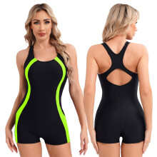 (Verde fluorescente-L) Costume da bagno sportivo da donna, senza maniche, con gamba a palloncino, intero,