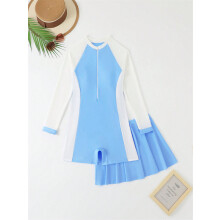 (Blu-16Y) Costume da bagno per bambine, nuovo, tinta unita, a maniche lunghe, intero, per bambini, body