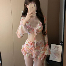 (Rosa Farbe-S)Bikini-Vierteiler-Set, geteilt, konservativ, neuer Stil, heißer Frühling, Blumenmuster,