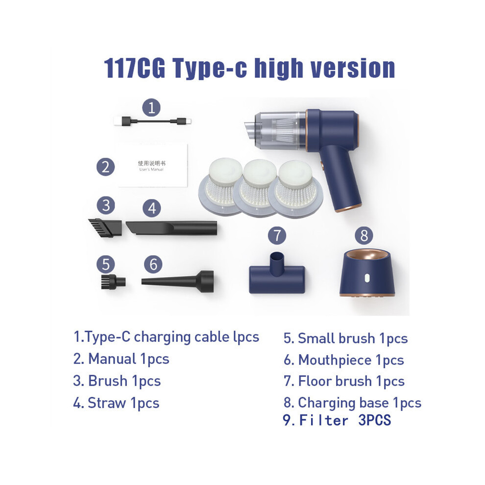 (Filtre bleu 3 pièces) Aspirateur de voiture 2 en 1 80 000 Pa, mini souffleur d'air sans fil portable