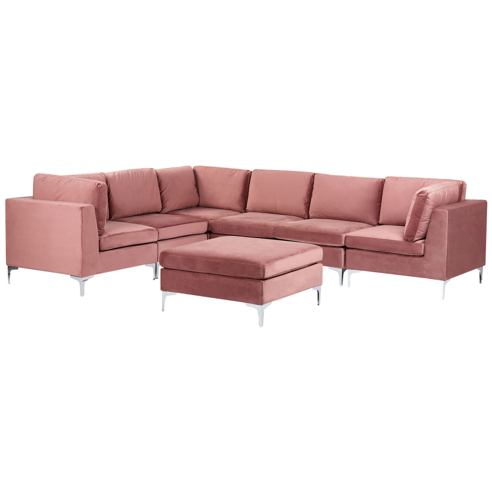 Modular Corner Sofa EVJA Velvet Pink with Ottoman 6 Seater Right Hand