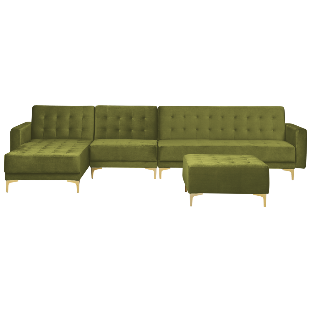 Right Hand Modular Velvet Sofa with Ottoman Green ABERDEEN