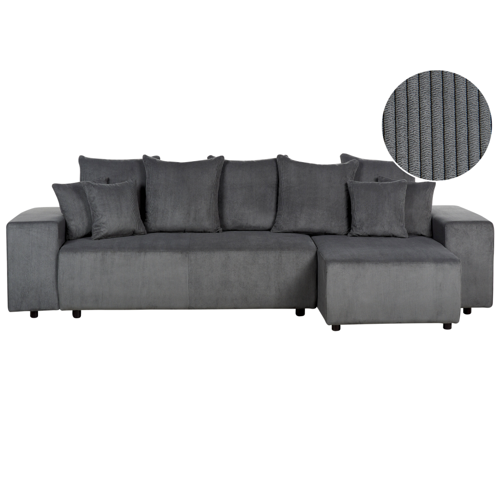 Corner Sofa Bed LUSPA Corduroy Dark Grey with Storage 3 Seater Left Hand