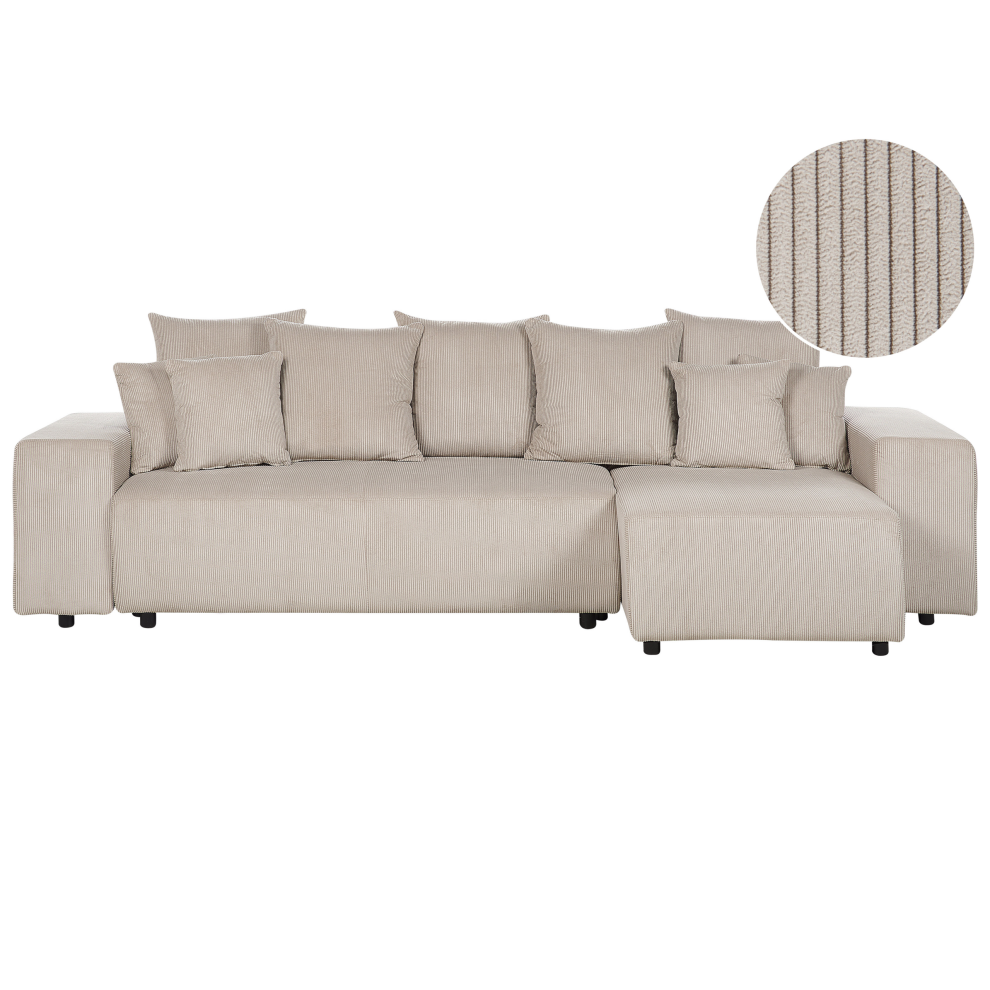 Corner Sofa Bed LUSPA Corduroy Taupe with Storage 3 Seater Left Hand