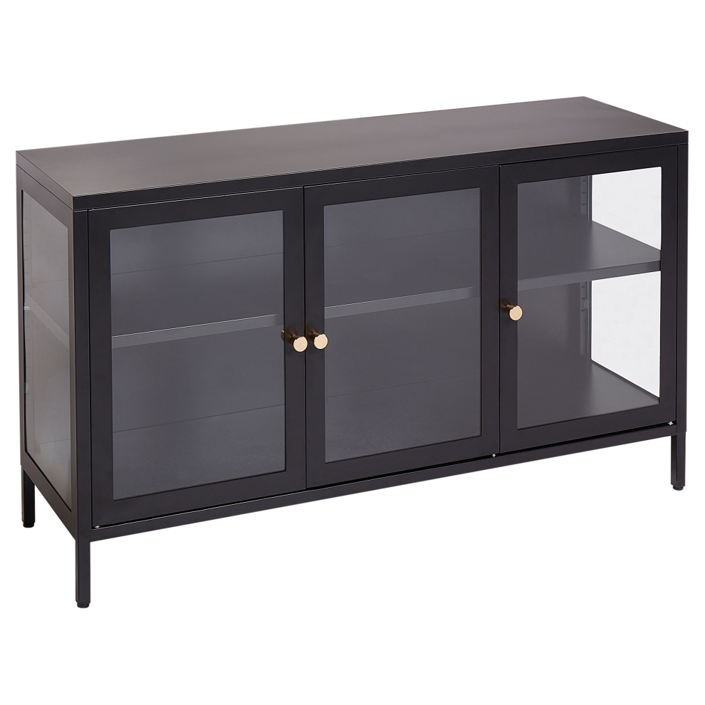 3 Door Metal Sideboard with Glass Display Black NEWPORT