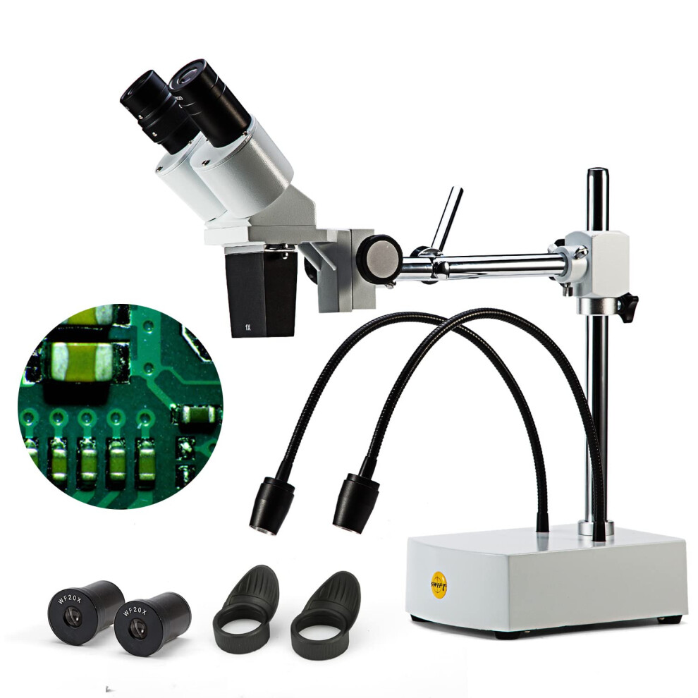 S41-20 Professional Dissecting Binocular Stereo Microscope, WF10x WF20x Eyepieces, 10X 20X Magnification, 1X Objective, LED Lighting, Boom-Arm Stand