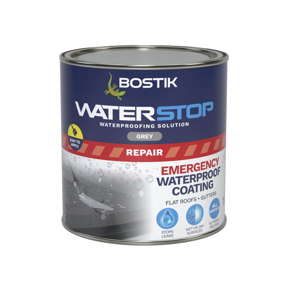 Bostik Waterstop Emergency Coat, Quick Drying, Instant Sealing Coating, For Roofs And Gutters, 1kg, Grey