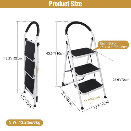 Folding Step Ladder 3 Step, Sturdy Heavy Duty Step Ladder with Handrails, White Wide Ladder Step Stool 2