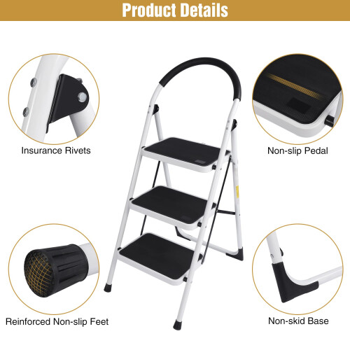 Folding Step Ladder 3 Step, Sturdy Heavy Duty Step Ladder with Handrails, White Wide Ladder Step Stool 1