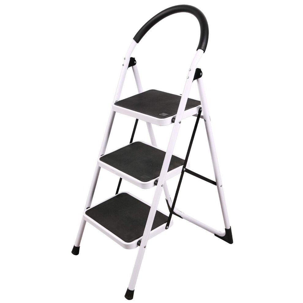 Folding Step Ladder 3 Step, Sturdy Heavy Duty Step Ladder With Handrails, White Wide Ladder Step Stool 639853849902