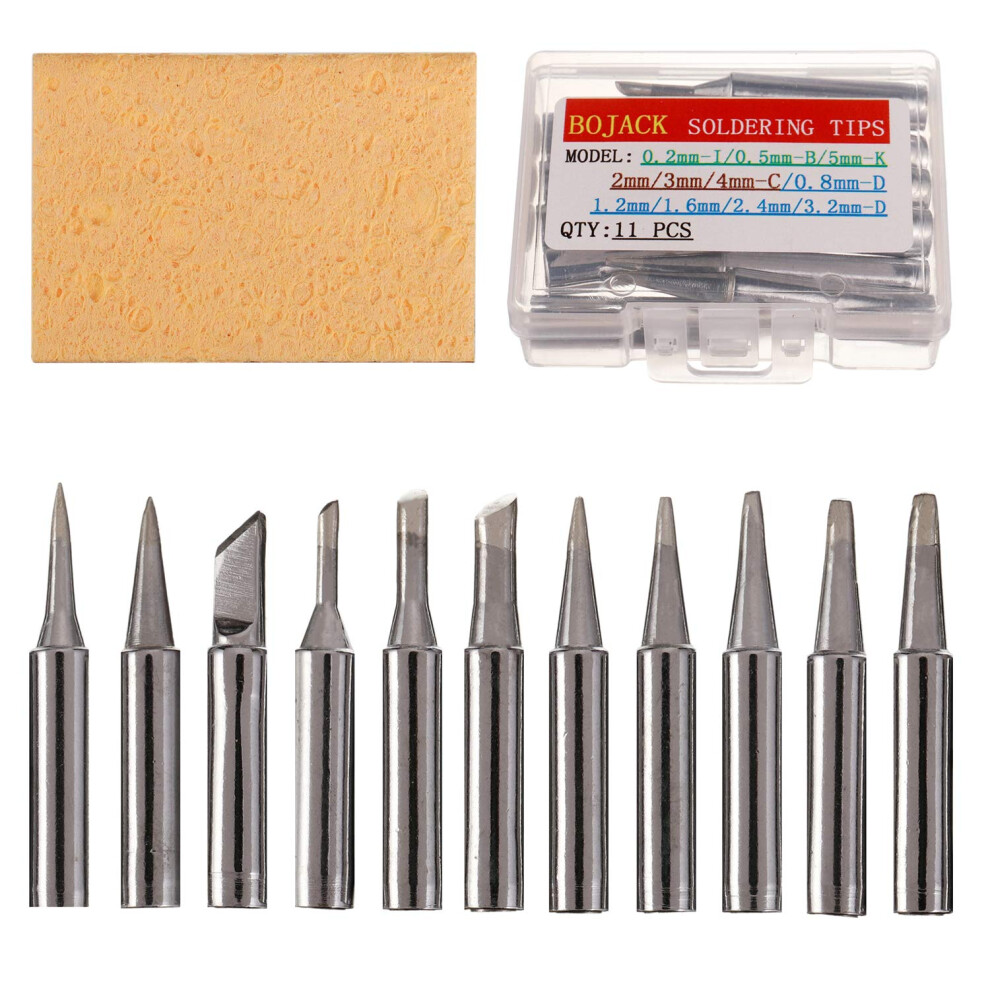 Bojack 11Pcs Soldering Iron Tips Kit And 1Pcs Free High Temperature Cleaning Sponge For 936 937 938 942 951 969 907 907-Esd 900M 900M-Esd 852 852D Soldering