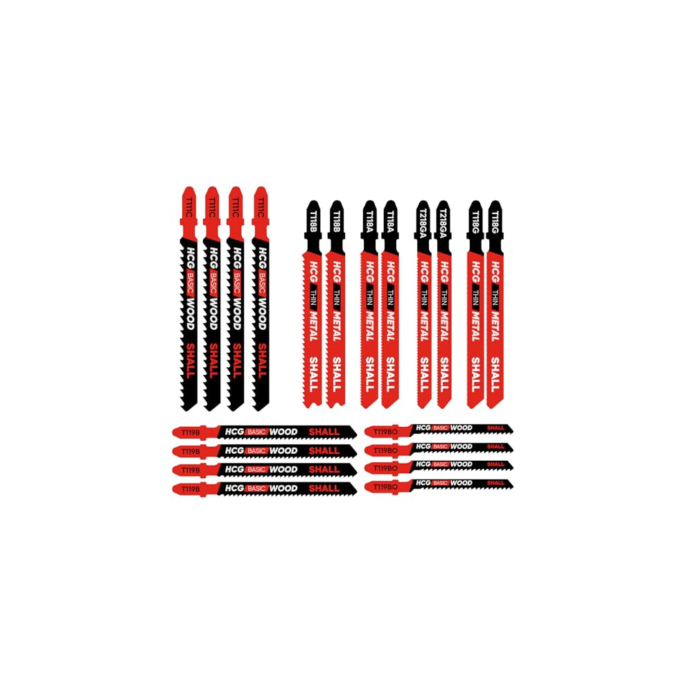 Shall 20-piece T-Shank Jig Saw Blade Set, made of HSS/CPV, compatible with all jigsaws, various blades for wood, metal cutting, with storage box.