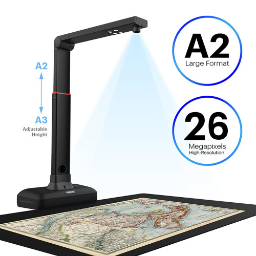 S21 Large Format Book Scanner, Capture Size A2, 26MP High Resolution, Auto-Flatten & Fingerprint Removal Technologies, Adjustable Height, 1
