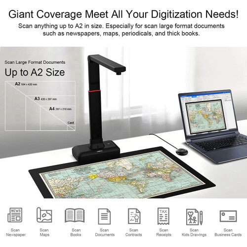 S21 Large Format Book Scanner, Capture Size A2, 26MP High Resolution, Auto-Flatten & Fingerprint Removal Technologies, Adjustable Height, 2