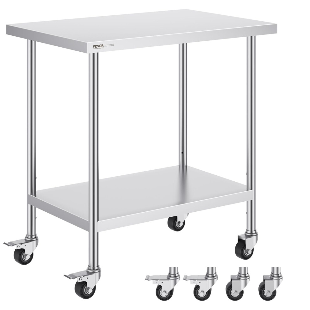 Stainless Steel Work Table 24 x 36 x 38 Inch, with 4 Wheels, 3 Adjustable Height Levels, Heavy Duty Food Prep Worktable for Commercial Kitchen