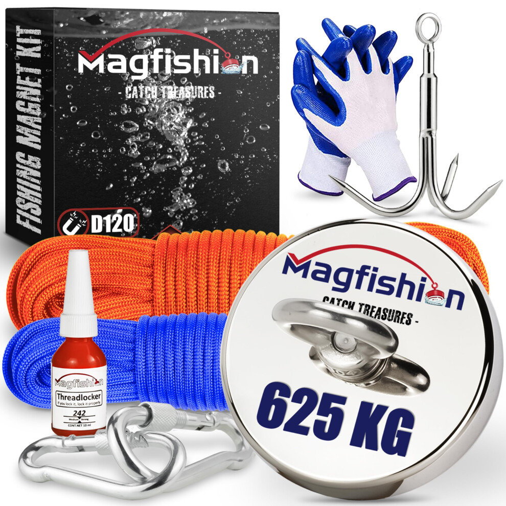 Magfishion Magnet Fishing Kit - 625 Kg (1400Lb) - Ø120mm - Super Strong Neodymium Magnet With 2 Ropes, Carabiners, Grappling Hook, Gloves, Threadlocker