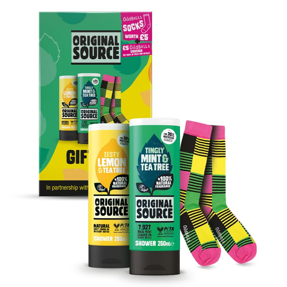 x Oddballs Gift, Set Mint & Tea Tree Shower Gel, Lemon & Tea Tree Shower Gel, Oddballs Socks, Gifts for Men, 100 Percent Natural Fragrance, Vegan,