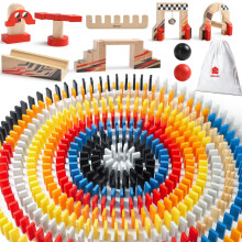 - D3.400 - Colorful wooden Domino race theme, contains 115 pieces - with cotton bag - for children aged 4 years and older.