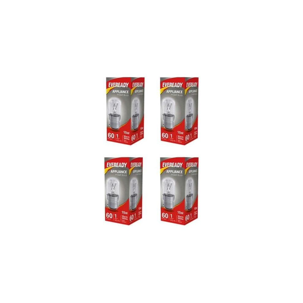 4 x EVEREADY 15W Pygmy Light Bulbs, Bayonet Cap B22 BC B22d 240v, Clear Sewing Machine/Appliance Lamps/Night Light/General Purpose Lightbulbs, Mains