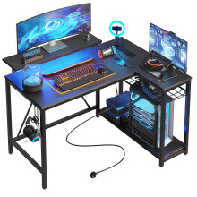 L Shaped Desk with Power Outlets & LED Lights Compact Corner Desk with Shelves Reversible Computer Desk with Hooks for Home Office Bedroom Small Space