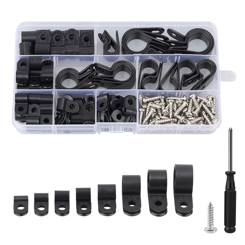 151 Pieces Black Nylon R-Type Cable Clamp Clips Plastic Cable Clamp Assortment Kit Fastener Plastic Wire Clamp Clips With Screws And Screwdriver For 797059478668