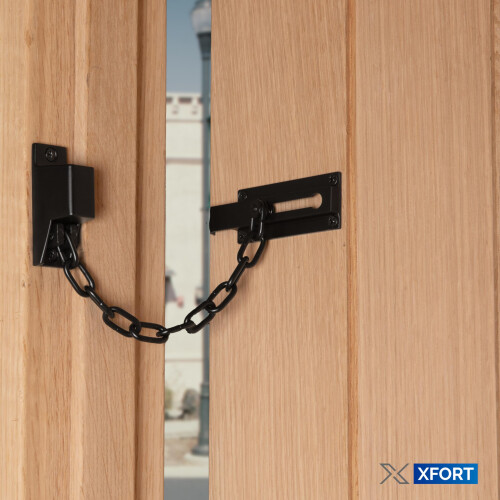 Matt Black Locking Door Chain, Front Door Security Chain with External Key Unlocking Mechanism. 1