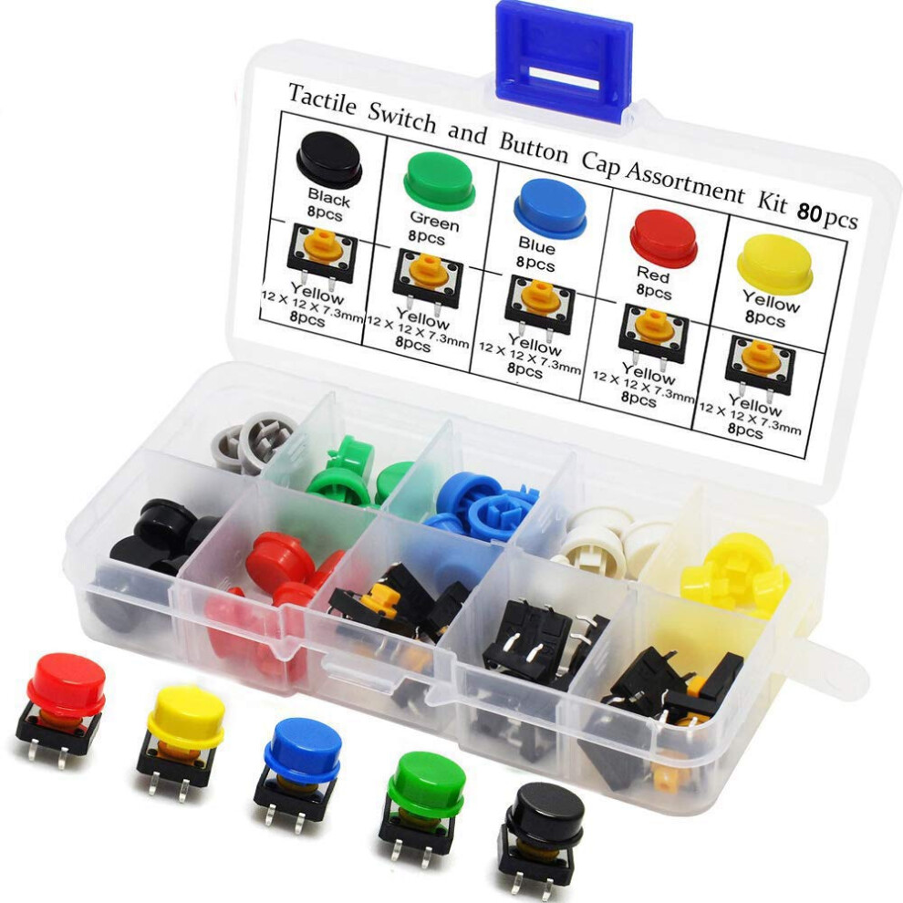 Mini Momentary Push Button Switchï¼80 Pcs Tactile Switch Buttons12x12x7.3mm With 5 Colors Round Cap,Lockless Momentary,For Arduino Pcb 8414768390129