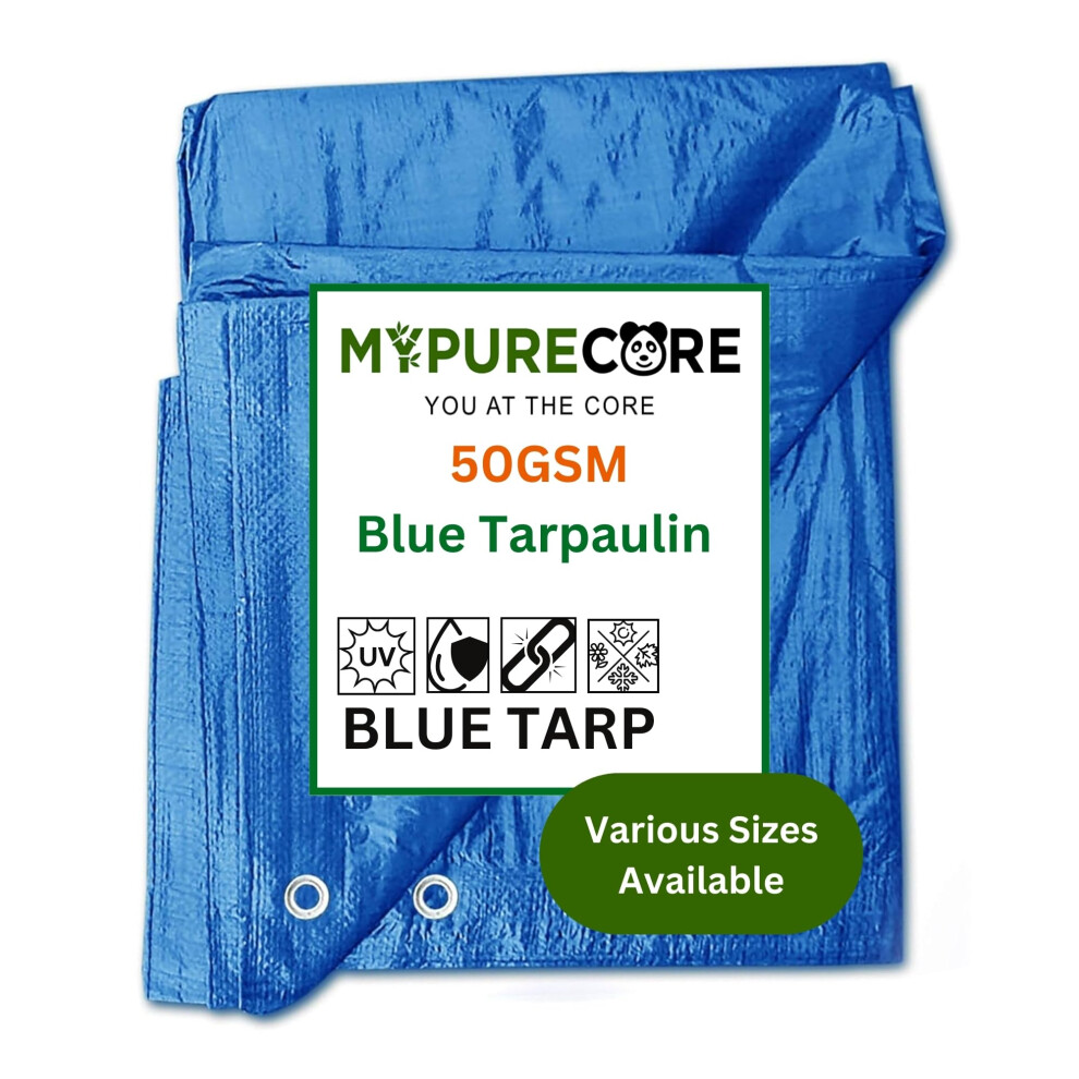MYPURECORE Large Blue Tarpaulin in Various Sizes - Durable, Water & UV Resistant Tarp Plastic Sheet for Outdoor, Camping, Tent Groundsheet & Garden --image-OPC-PGYB99J-NEW