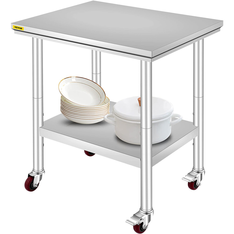 Stainless Steel Catering Work Table 30x24 Inch Commercial Work Table with 4 Wheels Commercial Food Prep Workbench with Flexible Adjustment Shelf for