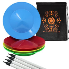 Set of 4 Spinning Plates and Sticks - Flexi Kid's Plate Spinning Set - Includes Cascade Carry Bag (Red, Yellow, Blue, Green)