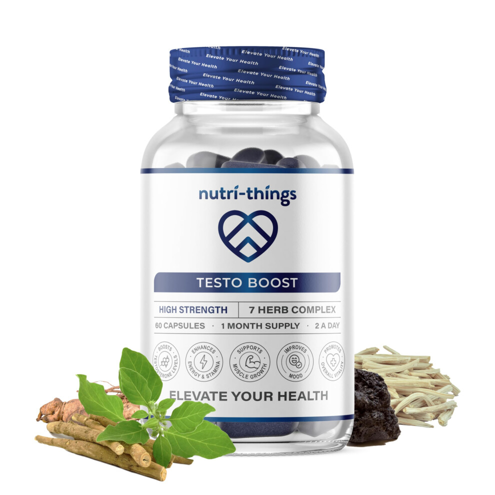 Nutri-Things Testo Boost Supplements For Men - 60 Capsules With Panax Ginseng, Ashwagandha, Tribulus, Safed Musli, Shilajit, Fadogia & Turkesterone