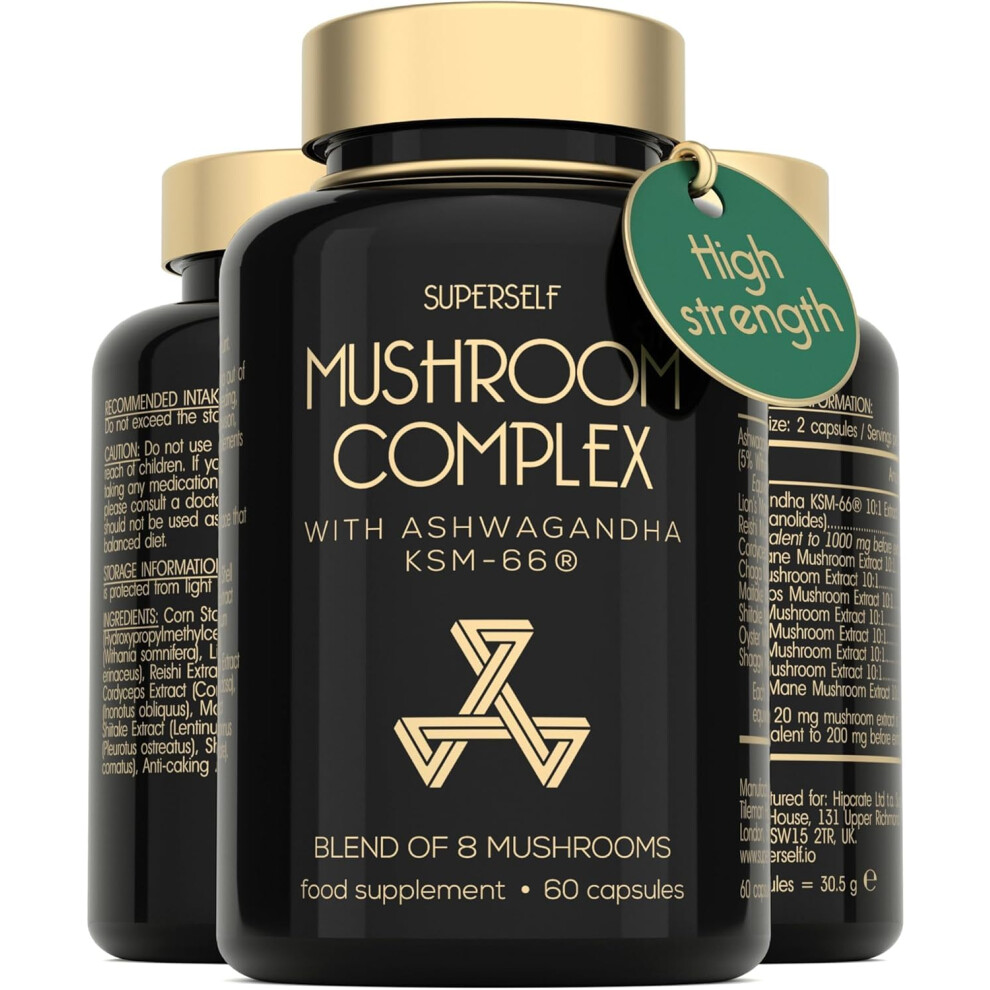 Superself Mushroom Complex With Ashwagandha Ksm-66 - Mushroom Supplement 1600Mg With Lion's Mane, Reishi, Chaga, Cordyceps, Shiitake - High Strength Superblend