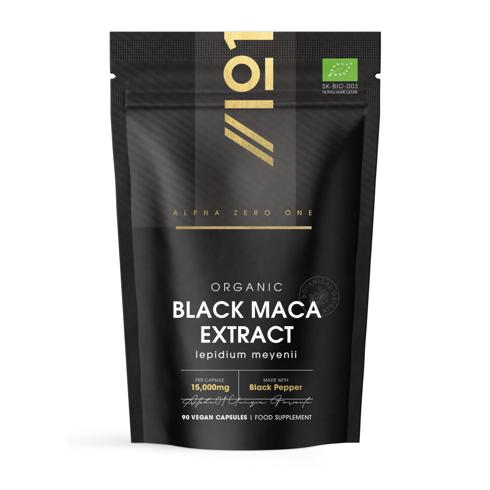 Organic Black Maca Root 15,000mg with Black Pepper – Peruvian Black Maca Supplement for Men - 90 Vegan Capsules (3 Months Supply) – Resealable and