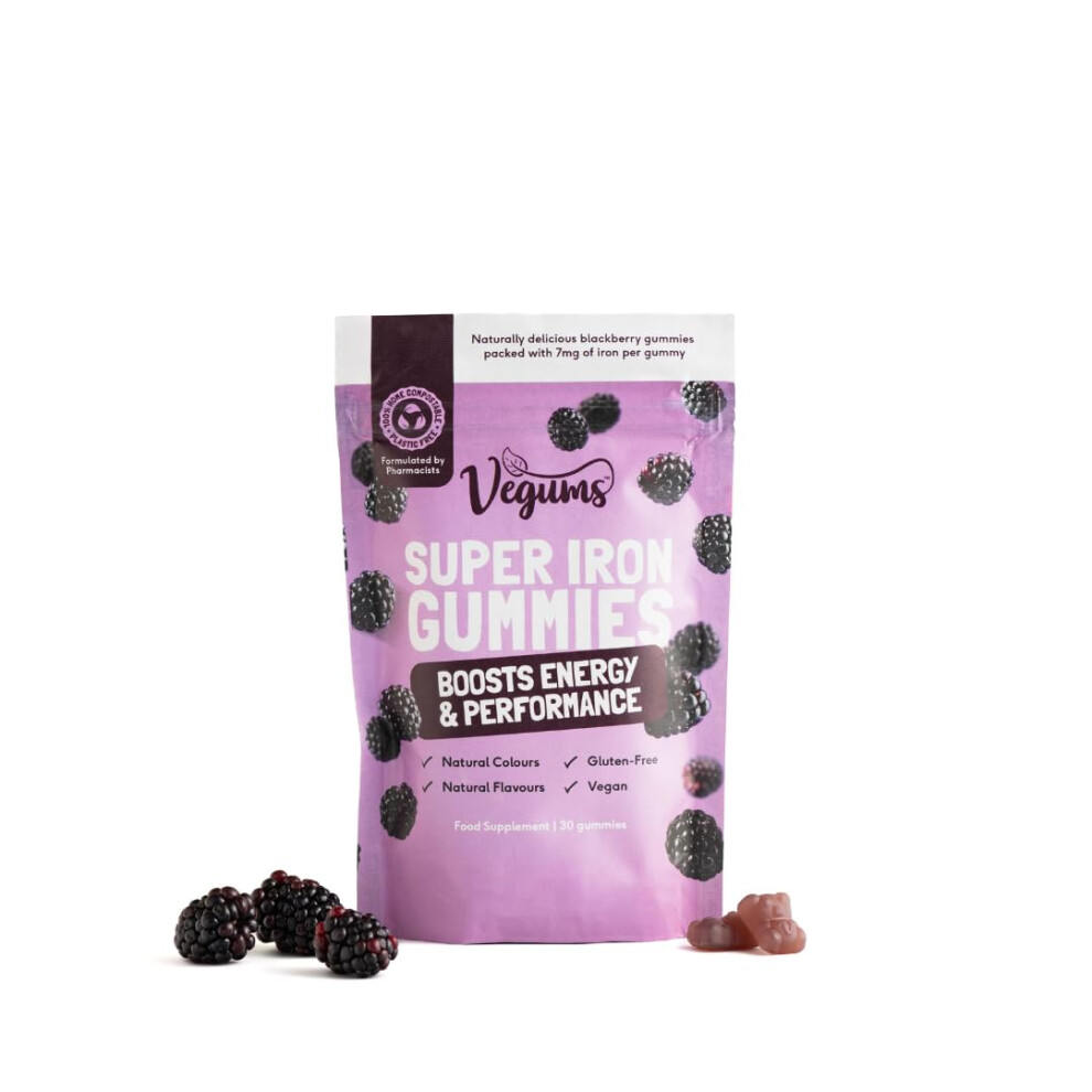 Vegums Super Iron Gummies - Family-Friendly Iron For All Ages, 30 Servings, Blackberry Flavour, Vegan & Easy-To-Take; Supports Energy & Immunity